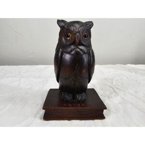 Vintage Hand Carved Wood Owl on Book Figurine Arosa Switzerland Souvenir Brown
